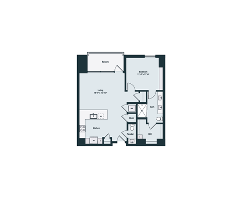 Floor plan for 1 bed, 1.5 baths, 931 sqft